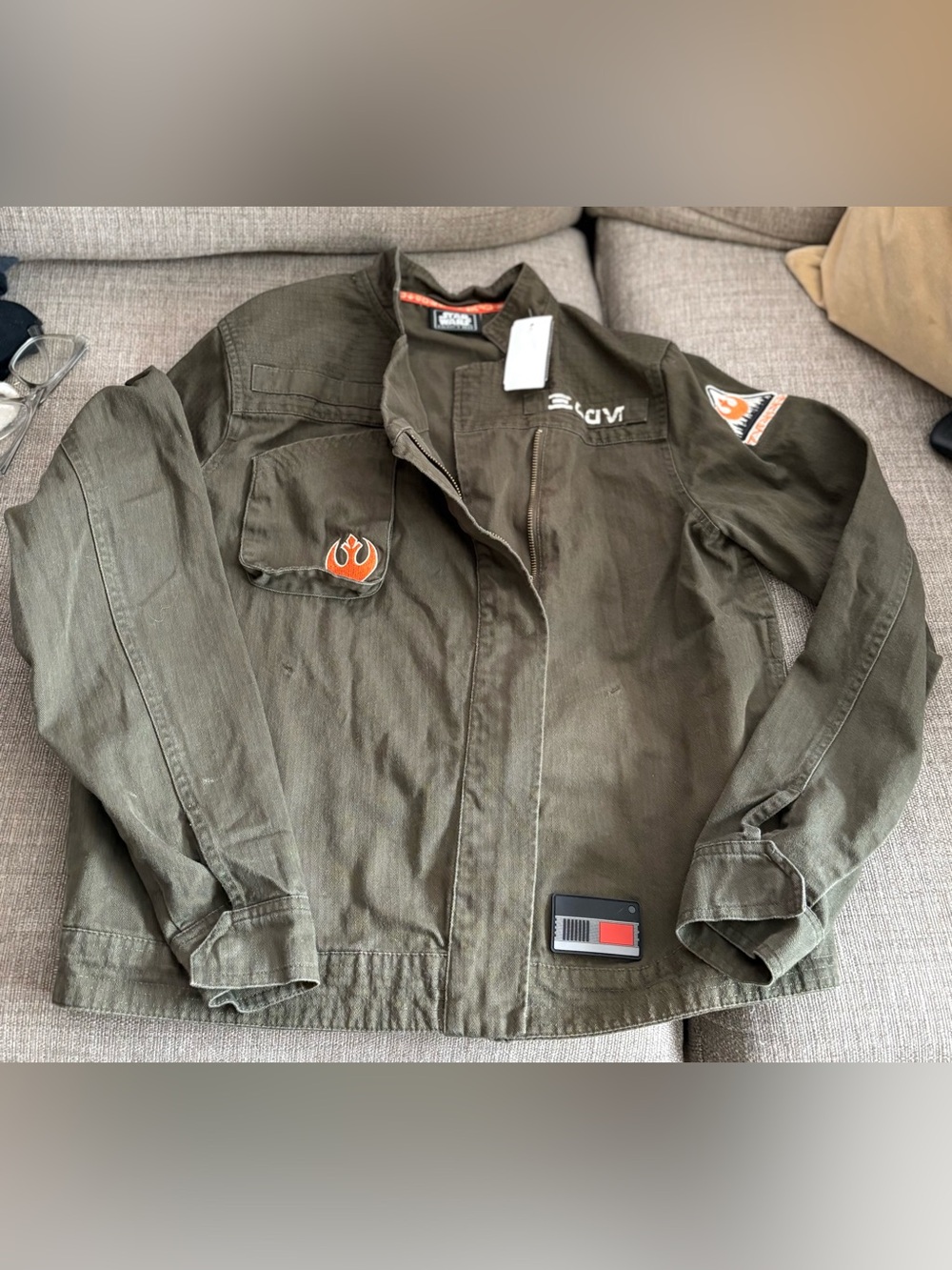 Star Wars Rebel Pilot Olive Green Jacket with Orange Patches. Size S